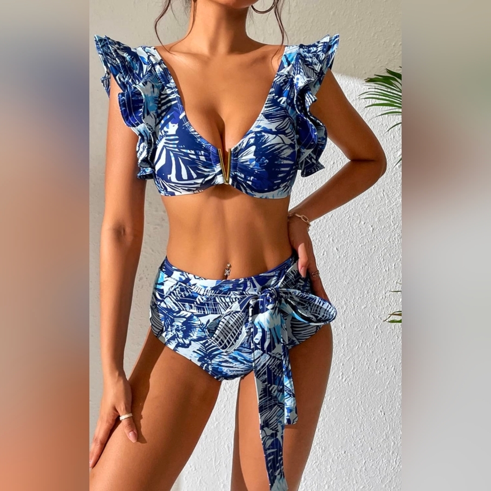 SPORLIKE Women High Waisted Flounce Straps Bikini Swimsuit Size Small Brand New.